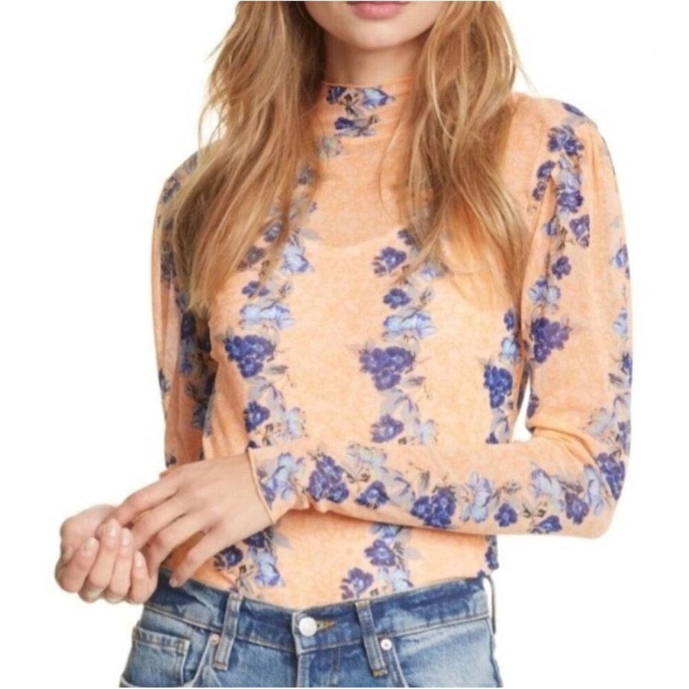 Free People Coral Floral High Neck Mesh Top Size X-Small